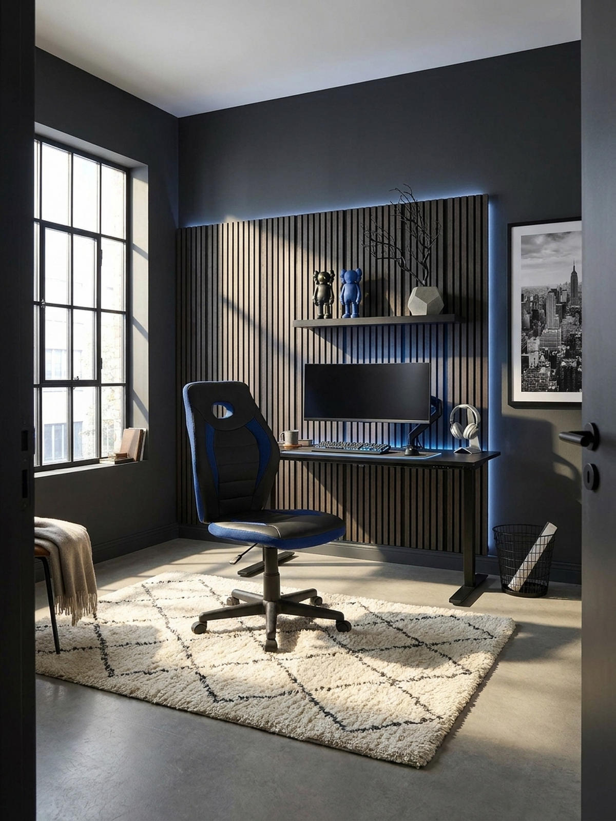 JUGENDDREHSTUHL Hohe Rückenlehne Schulterstütze Kunstleder Mesh, Blau 63x63x103 cm - Blau/Schwarz, Kunststoff/Textil (63/103/63cm) - KADIMA DESIGN