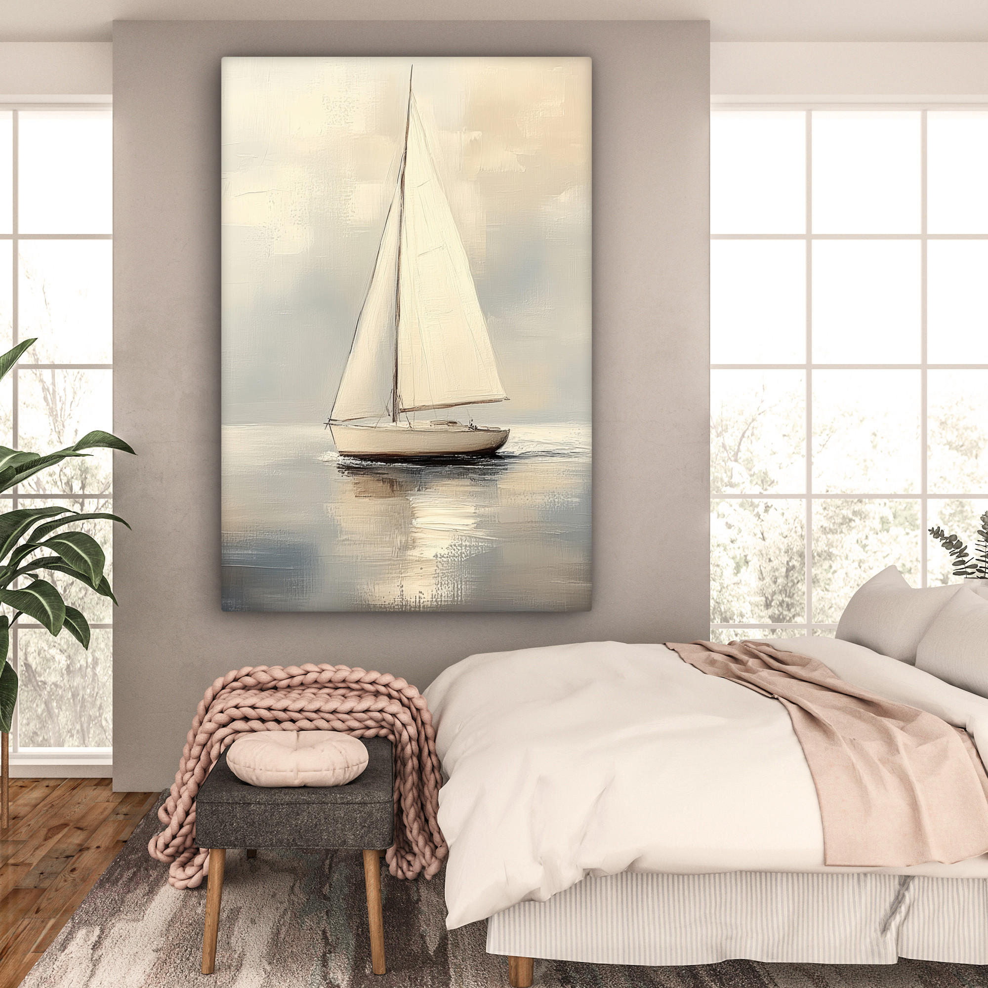 LEINWANDBILD Segelschiff - Meer - Bewölkt 90x140 cm - Creme, Textil (90/140cm) - MuchoWow