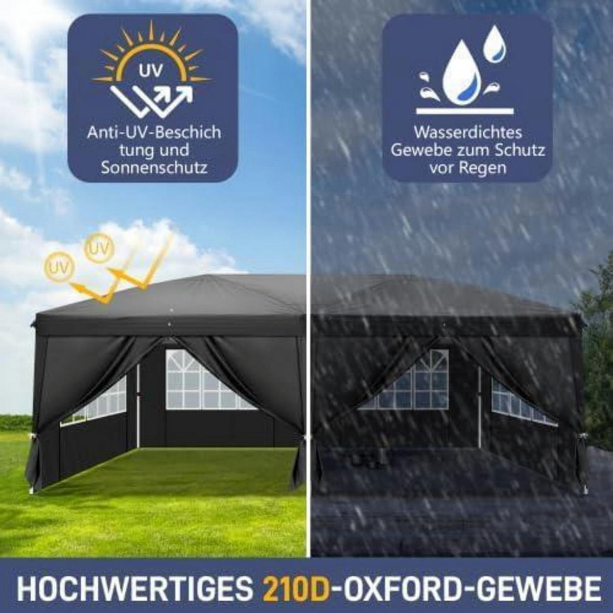 GARTENZELT 3x6m Höhenverstellbar Wasserdicht mit 6 Seitenteilen Schwarz - Schwarz, Textil (300/255/600cm)