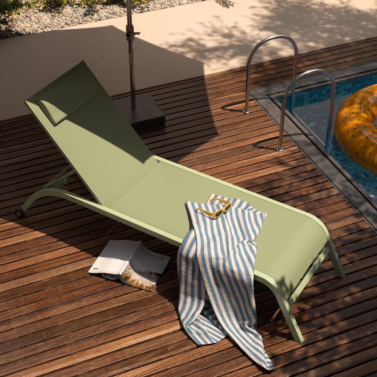 SONNENLIEGE - Polyrattan / Stahl - Salbeigrün, Textil/Metall (67/35/196cm) - home24