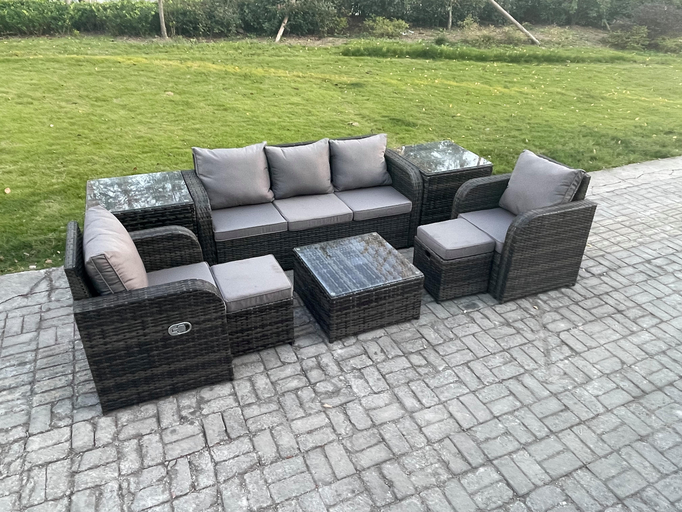 GARTENMÖBELGARNITUR mit KISSEN Polyrattan Dunkelgrau 7-Sitzer - Dunkelgrau/Grau, Glas/Kunststoff - Fimous