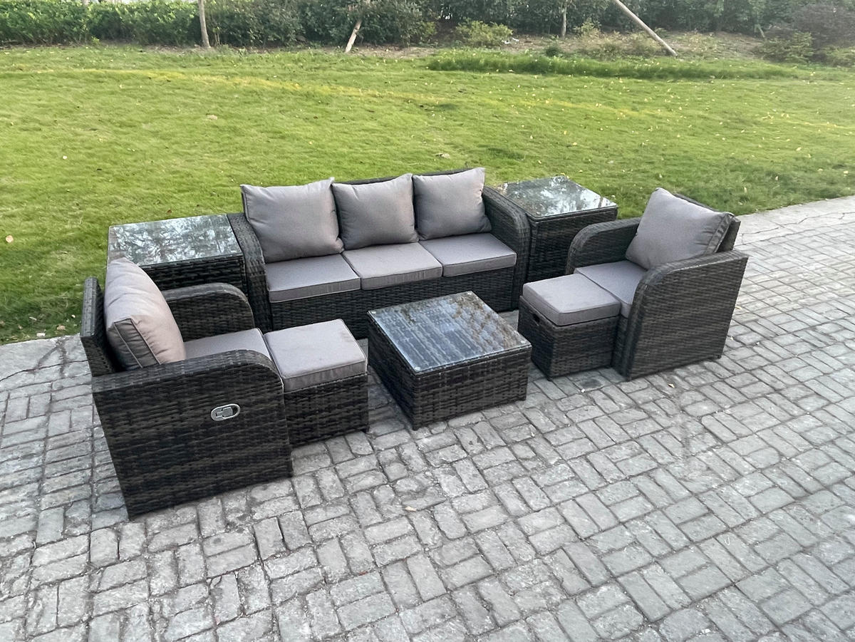 GARTENMÖBELGARNITUR mit KISSEN Polyrattan Dunkelgrau 7-Sitzer - Dunkelgrau/Grau, Glas/Kunststoff - Fimous