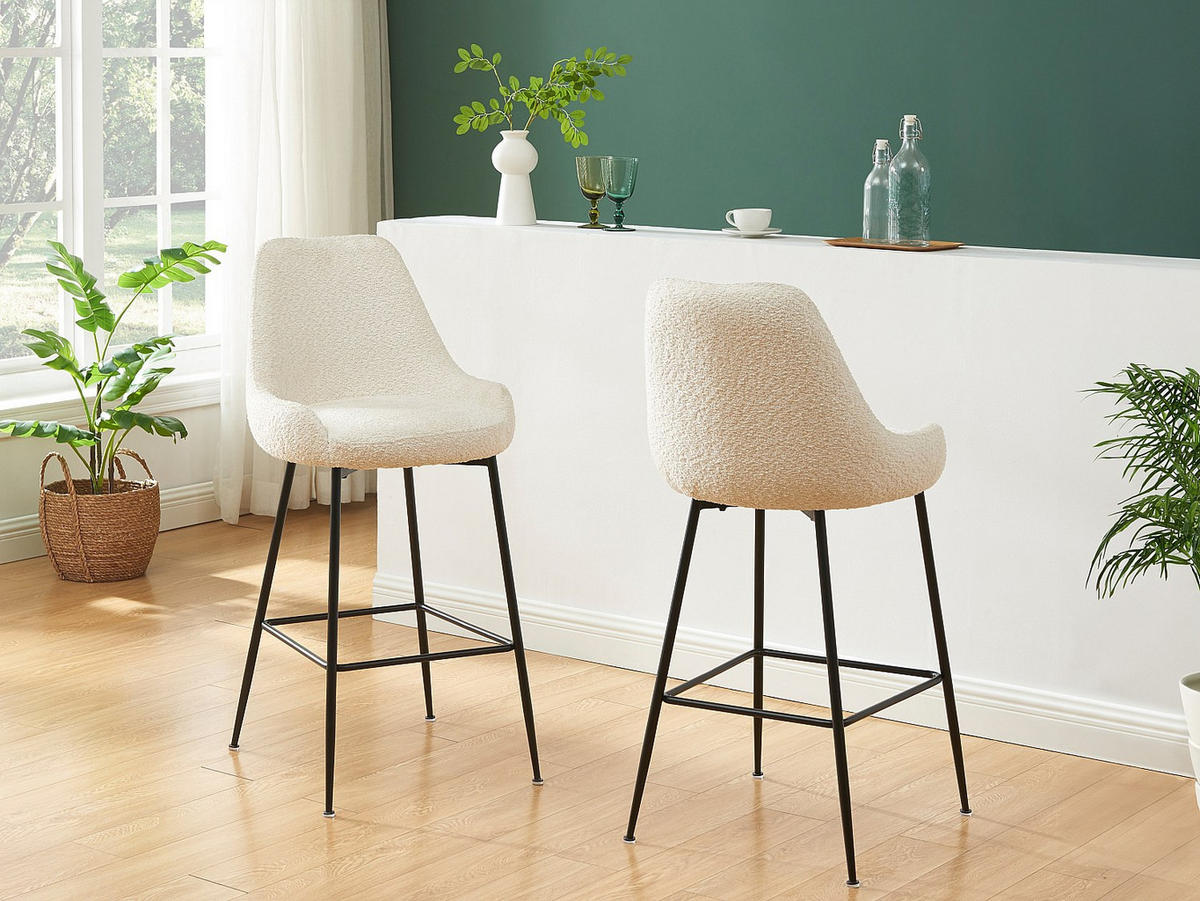 BARHOCKER 2er-Set - Bouclé-Stoff & schwarzes Metall - Weiß - TOYBA - Weiß, Textil (52/97/58cm) - Pascal Morabito