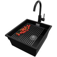 UNTERBAUSPÜLE GRANIT Praga, 2-er set Schwarz 41/47 cm 1 Becken + Küchenarmatur 32/20 cm + Ablauf-Set + Aufrollbare Abtropffläche ab 45er Unterschrank - Chromfarben/Schwarz, Kunststoff (41/20/47cm) - Primagran