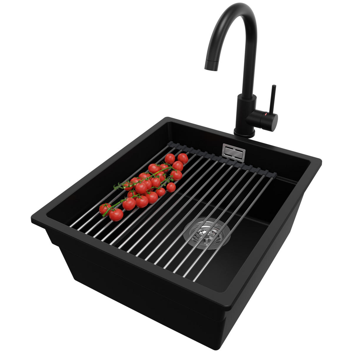 UNTERBAUSPÜLE GRANIT Praga, 2-er set Schwarz 41/47 cm 1 Becken + Küchenarmatur 32/20 cm + Ablauf-Set + Aufrollbare Abtropffläche ab 45er Unterschrank - Chromfarben/Schwarz, Kunststoff (41/20/47cm) - Primagran