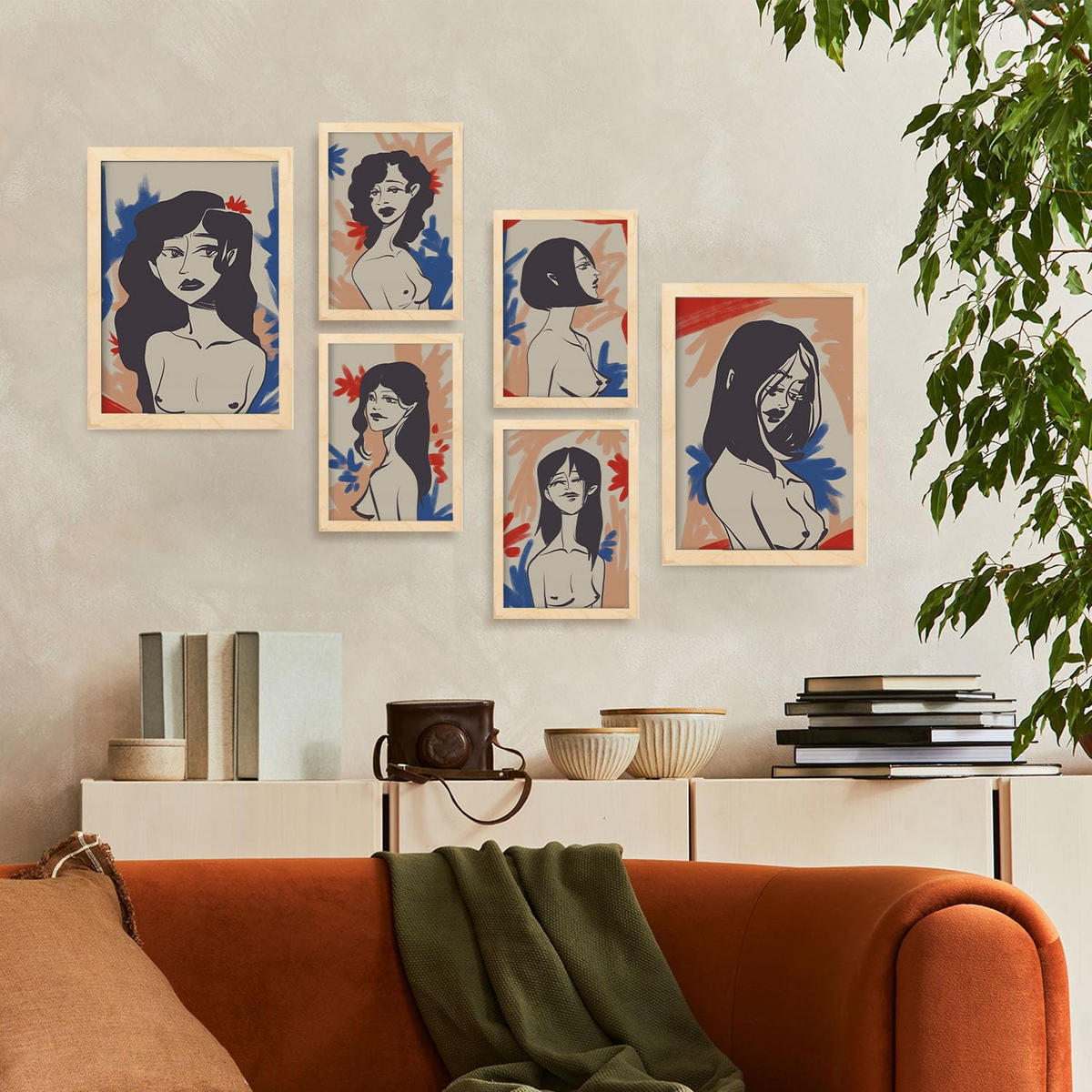 POSTER Set Mit 6 Faszinierende Schönheit In Weibliche Zusammenfassung Ästhetische Dekorative Gemälde Für Ihr Zuhause A3 & A4 Rahmen Aus Hellem Holz - Beige, Papier (29/3cm) - Nacnic