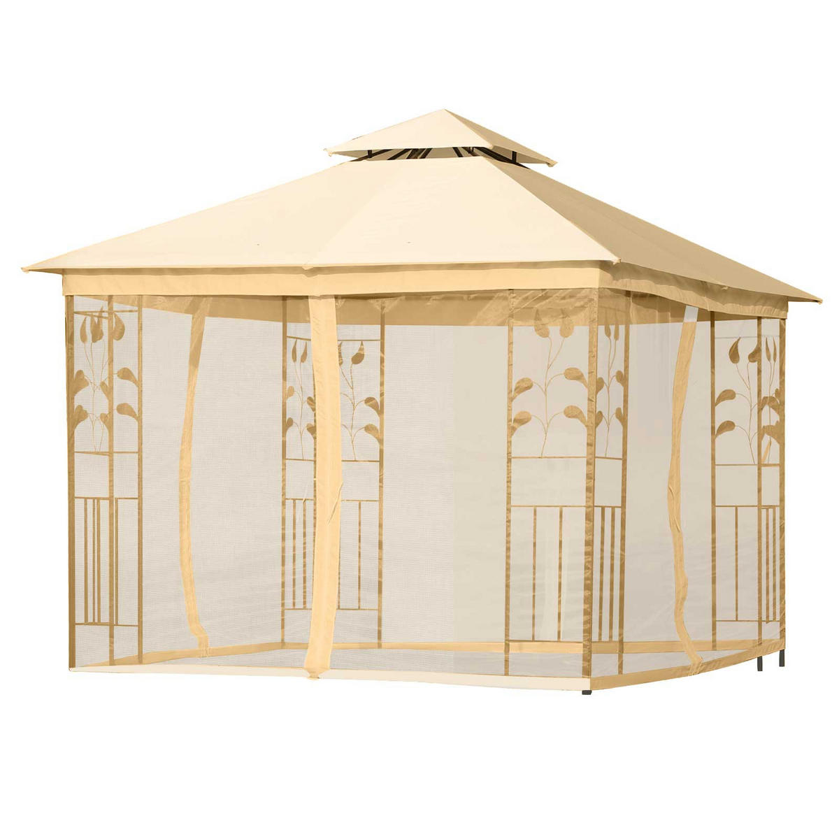 LUXUS PAVILLON DE-05911 mit Doppeldach und Seitenteilen 300/300/280 cm Beige - Beige/Schwarz, Metall (300/280/300cm) - ComfortXL