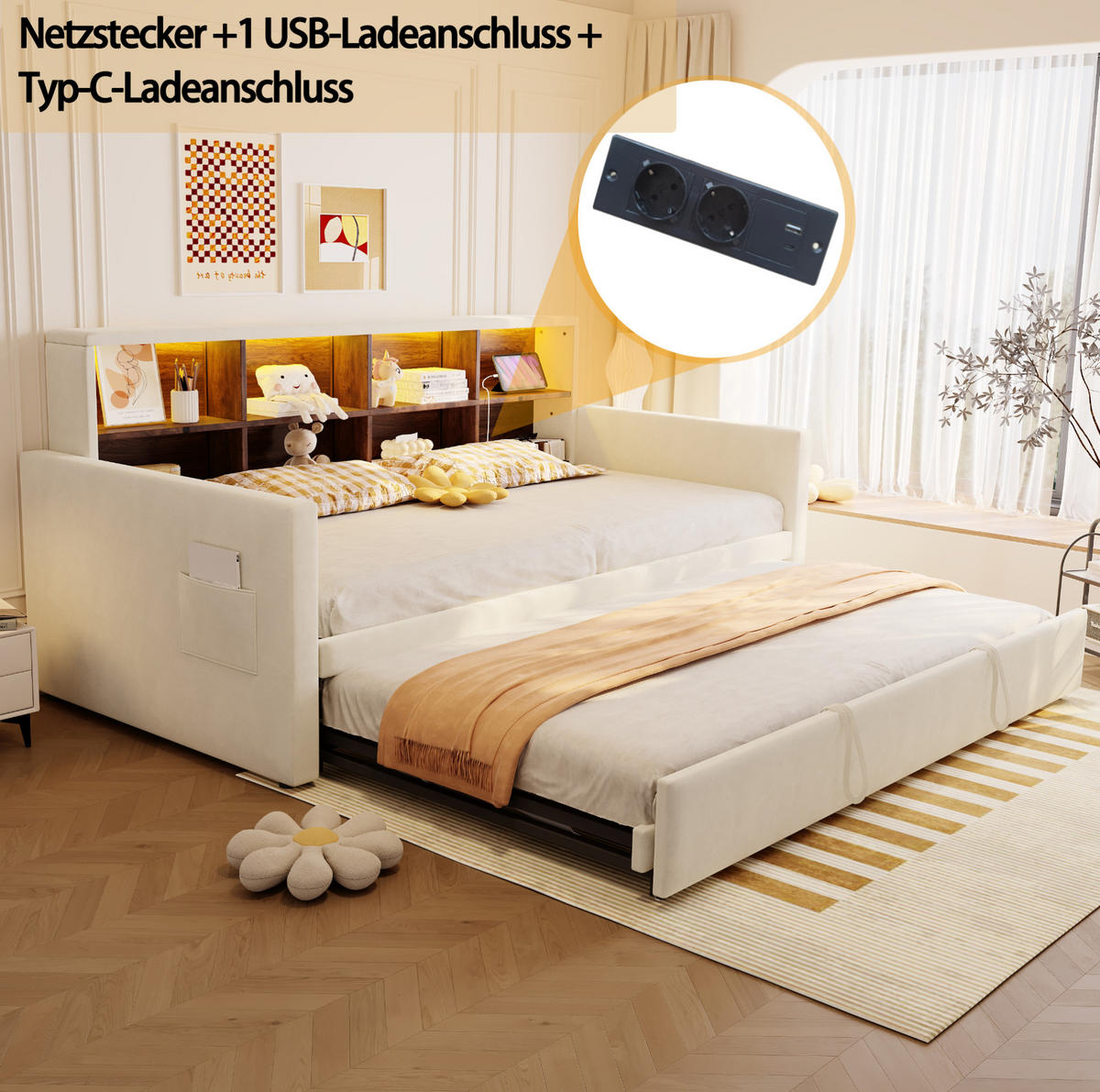 POLSTERBETT 90/190 cm Beige aus Samt mit Ausziehbett - Beige, Textil (90/190cm) - OKMYHOME