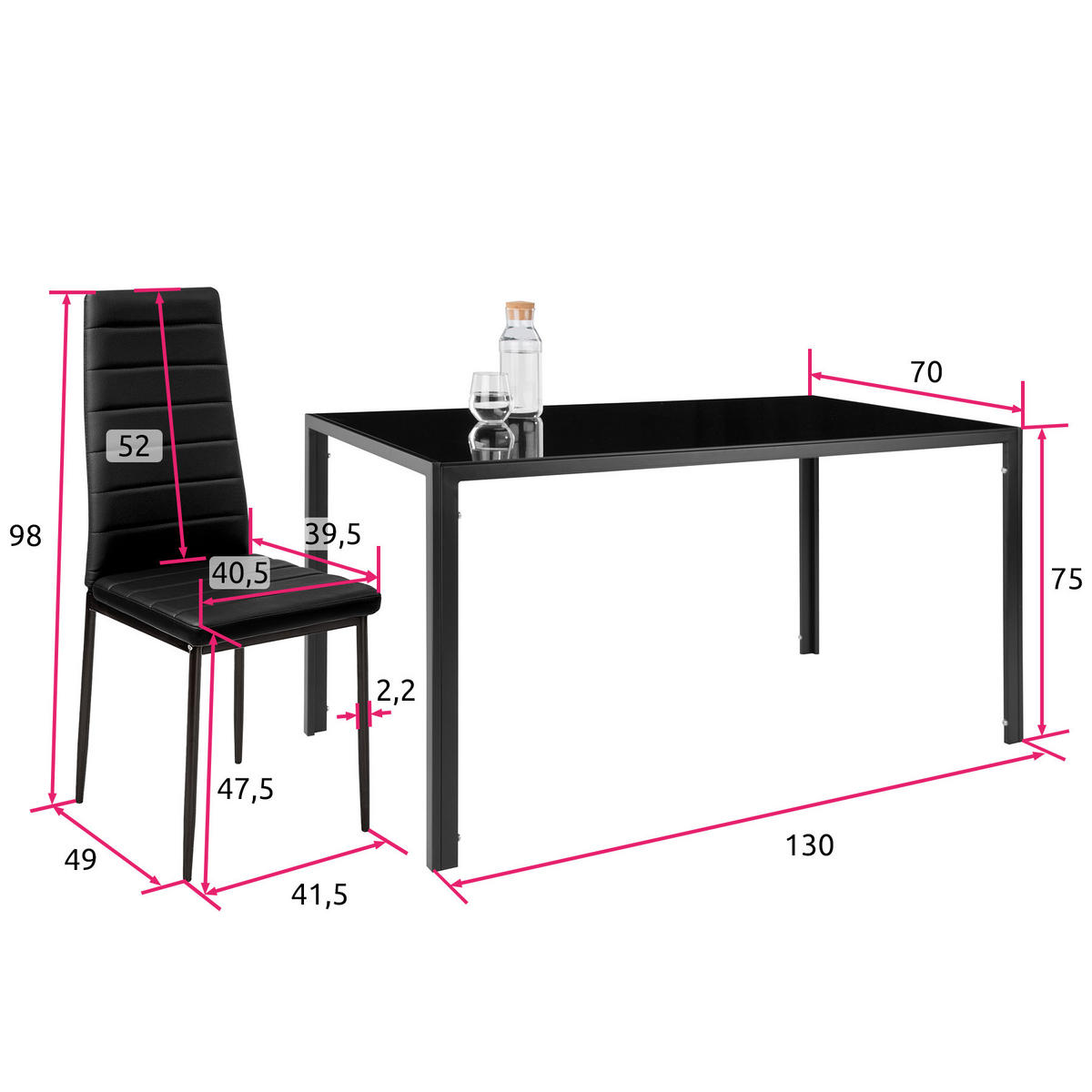 ESSZIMMERGRUPPE Brandenburg,bodenschonende Kunststoffkappen,schwarz/schwarz - Schwarz, Metall (90/98/150cm) - tectake