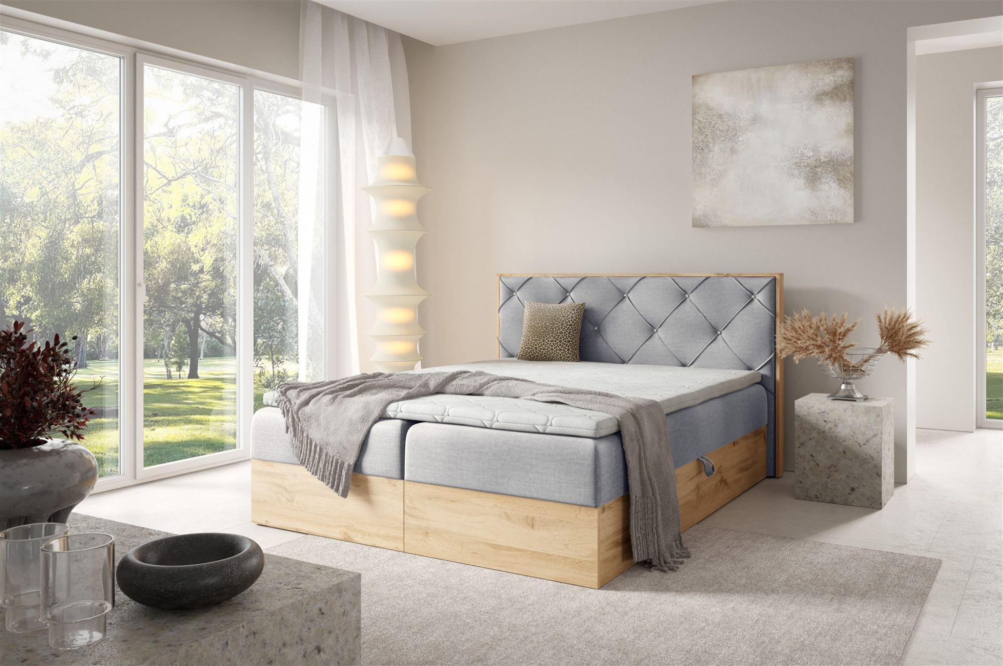 Thumbnail - Fun Möbel Boxbett, Hellgrau, Textil, 200x220 cm, Schlafzimmer, Betten, Boxspringbetten