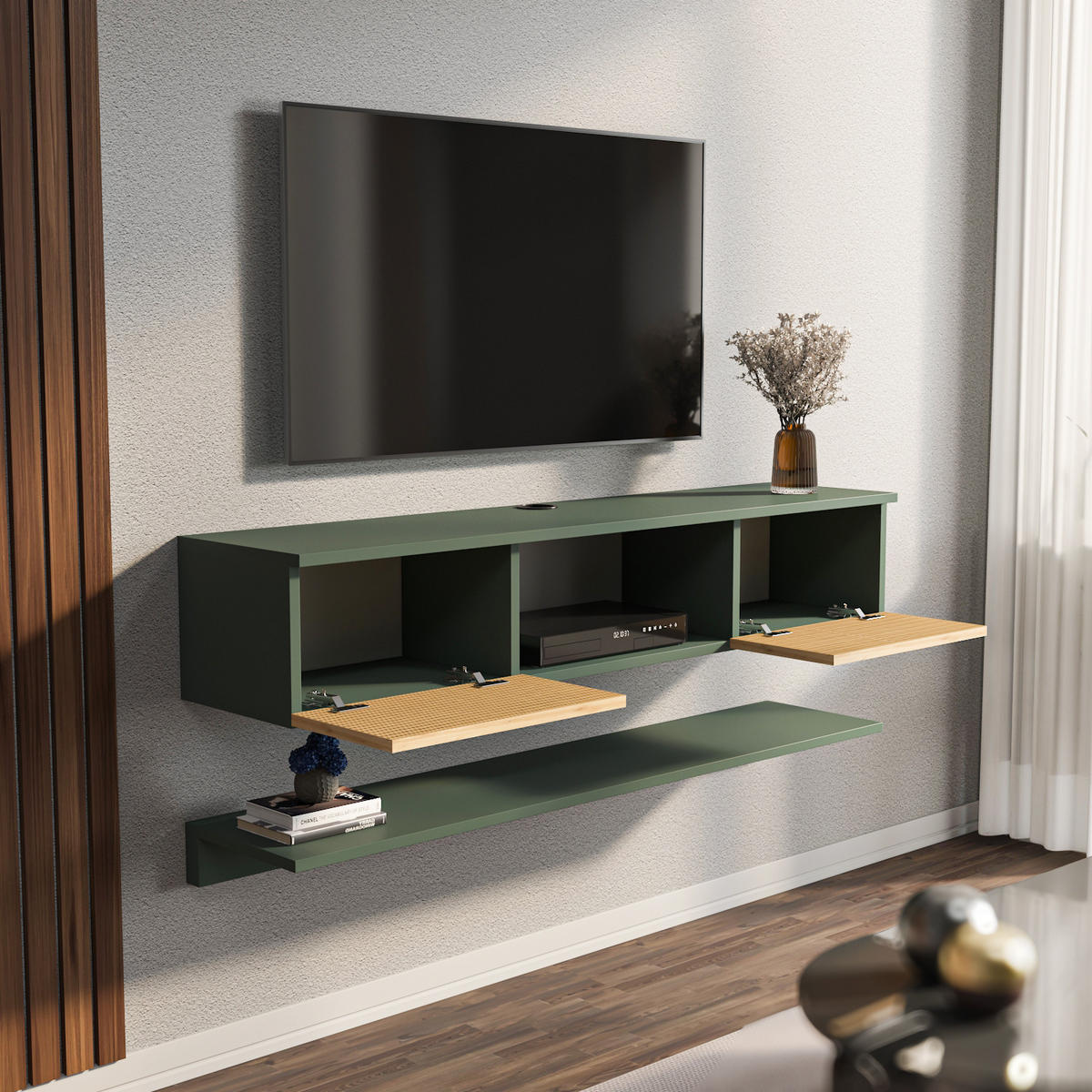 TV-ELEMENT Elia Grün Hazeran - Dunkelgrün, Holzwerkstoff (140/25.6/32cm) - Decorotika