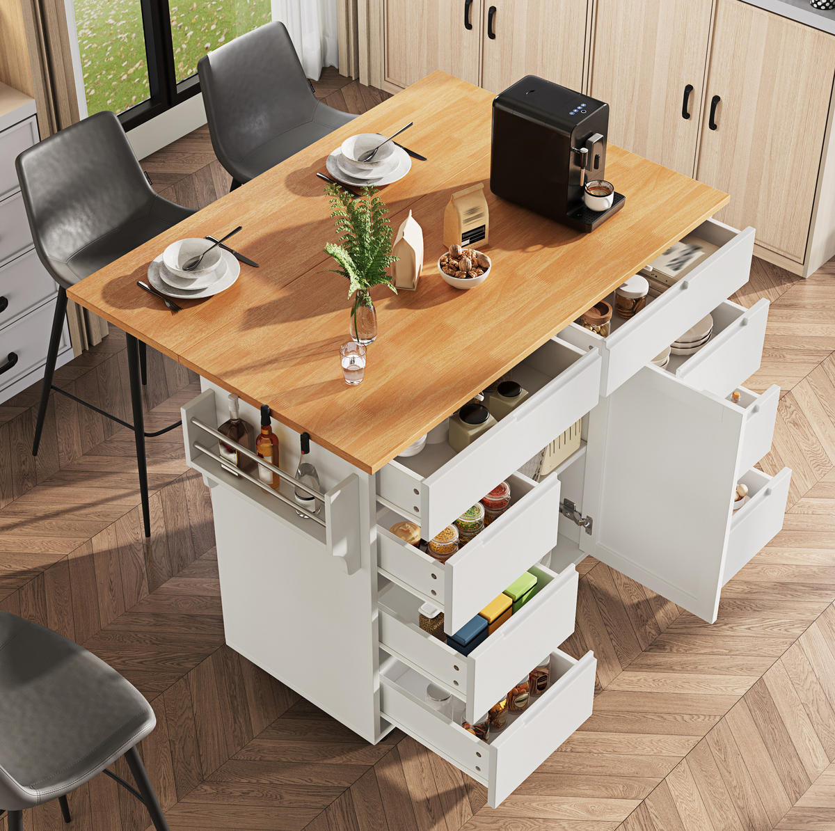 KÜCHENINSEL mit Klapptisch 122 x 74,5 x 91,5 cm Weiß MDF - Weiß, Holz (74.5/91.5/122cm) - Beauniv