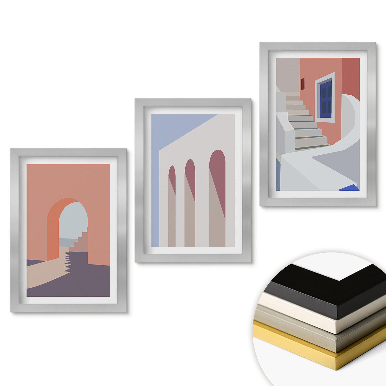 WANDBILDER 3er Set - 20x30 cm Silberner Rahmen - Minimalistische Architekturillustrationen - Silberfarben, Kunststoff (20/30cm) - ArtPrintCave
