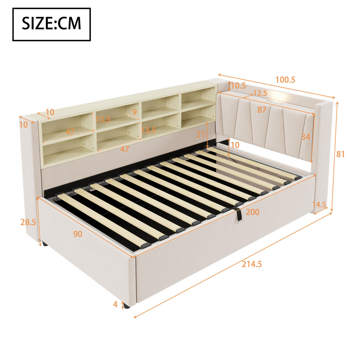 POLSTERBETT 90/200 cm Beige aus Samt mit Stauraum und Ladeanschlüssen - Beige, Textil (90/200cm) - OKMYHOME