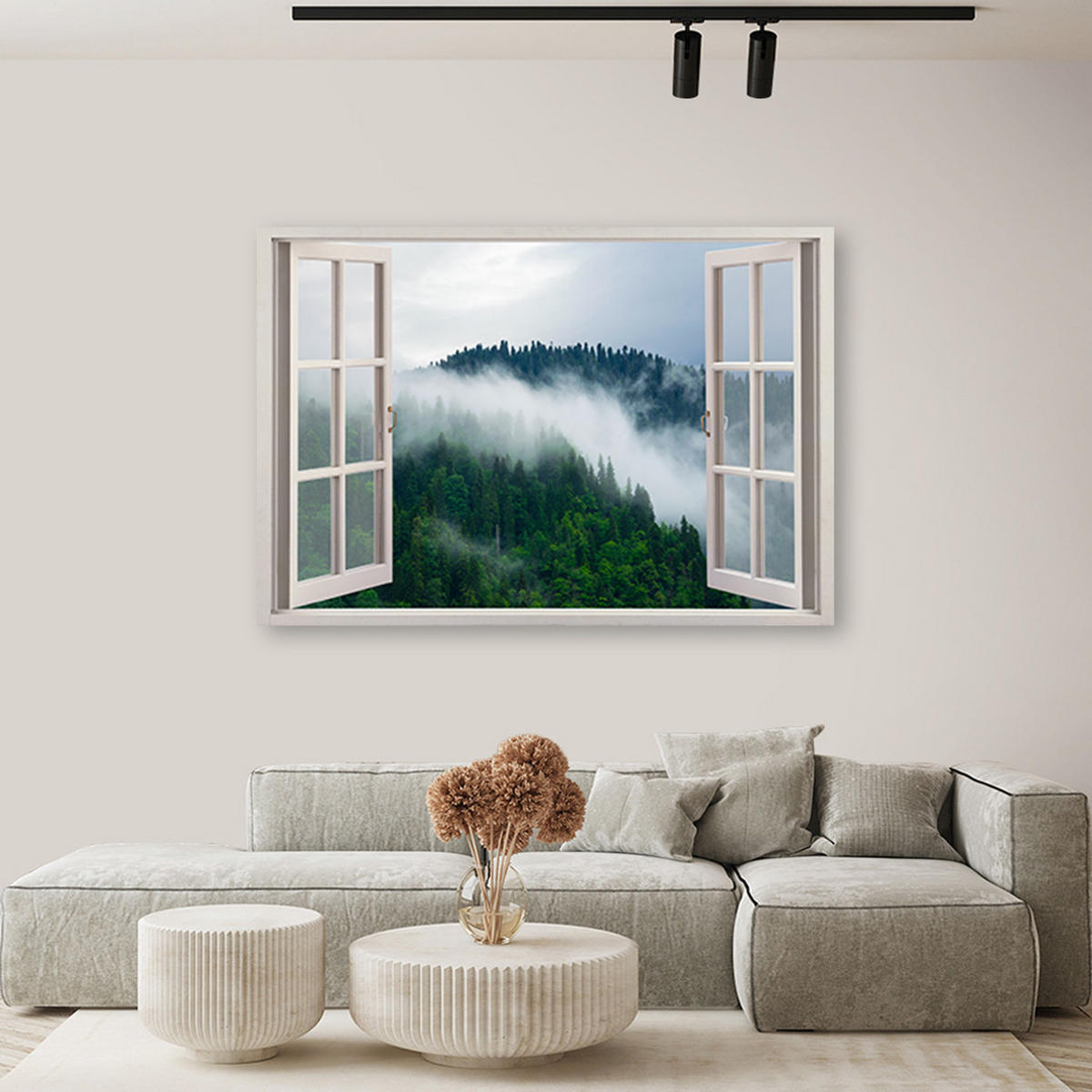 WANDBILD fensterblick wald im nebel - Grün, Textil (60/40cm) - Feeby