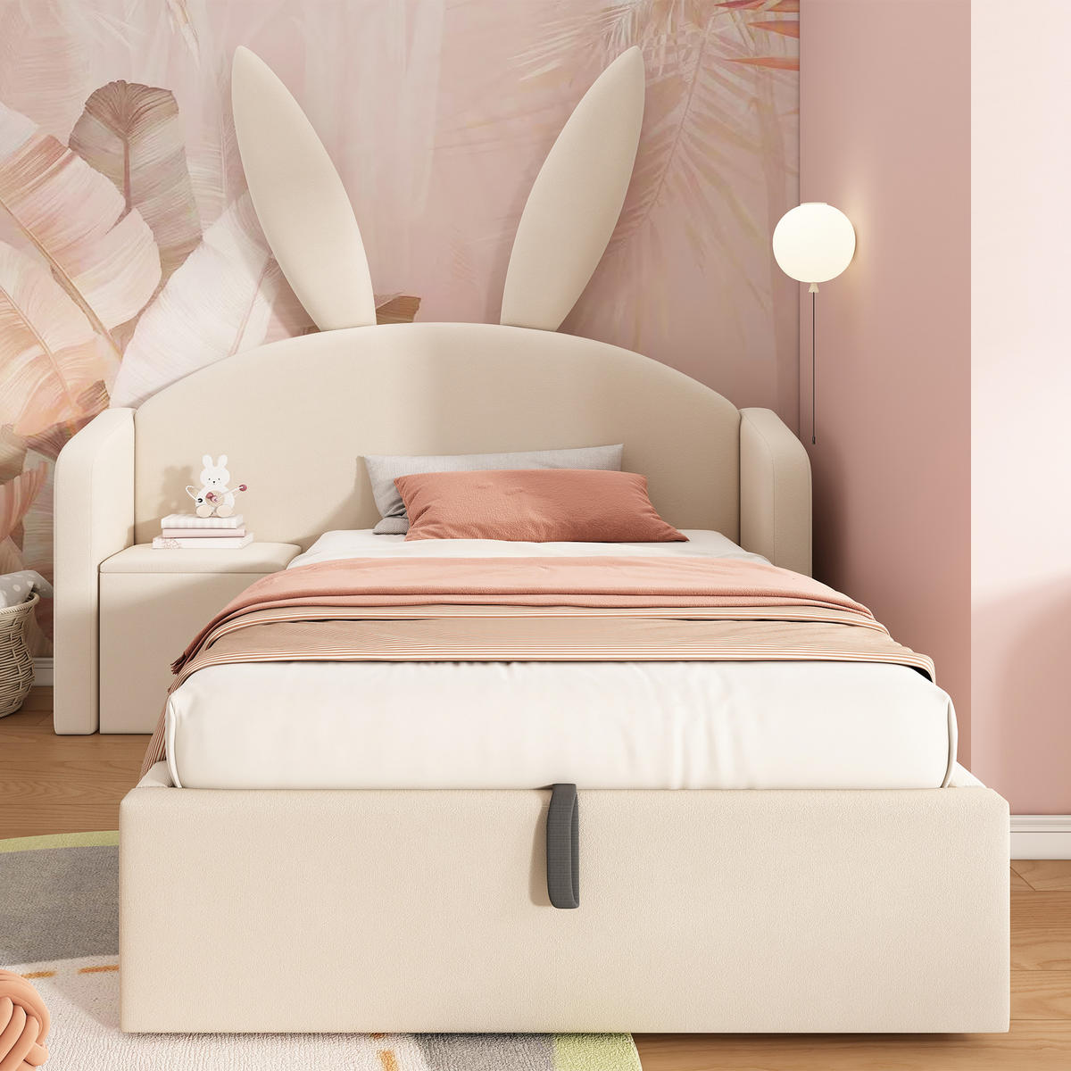 JUGENDBETT 90/200 cm in Beige Samt mit Bettkasten und Nachttisch - Beige, Holzwerkstoff/Textil (90/200cm) - WISHDOR