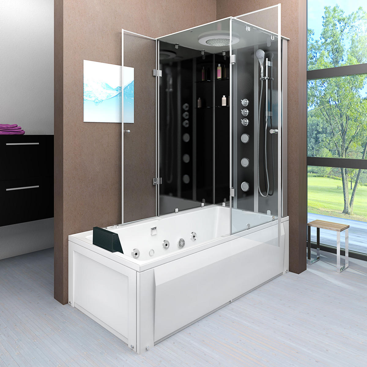 WHIRLPOOL Dusche Kombination K05-L32-WP 180x90 cm - Schwarz, Glas/Kunststoff (90/225/180cm) - AcquaVapore by Sandra Jentho