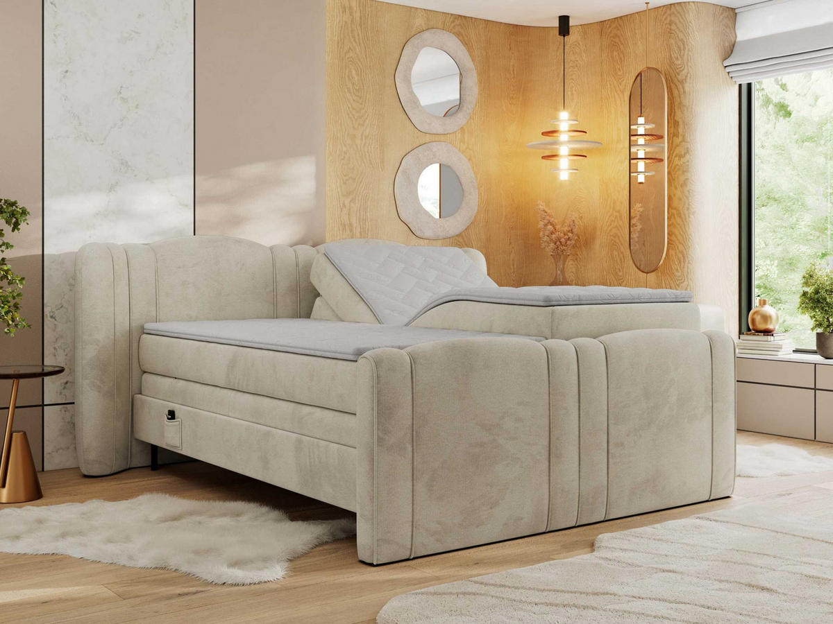 BOXBETT FORTINA 180/200 - Beige Velvet - H4 - Beige, Holz/Textil (180/200cm) - MKS