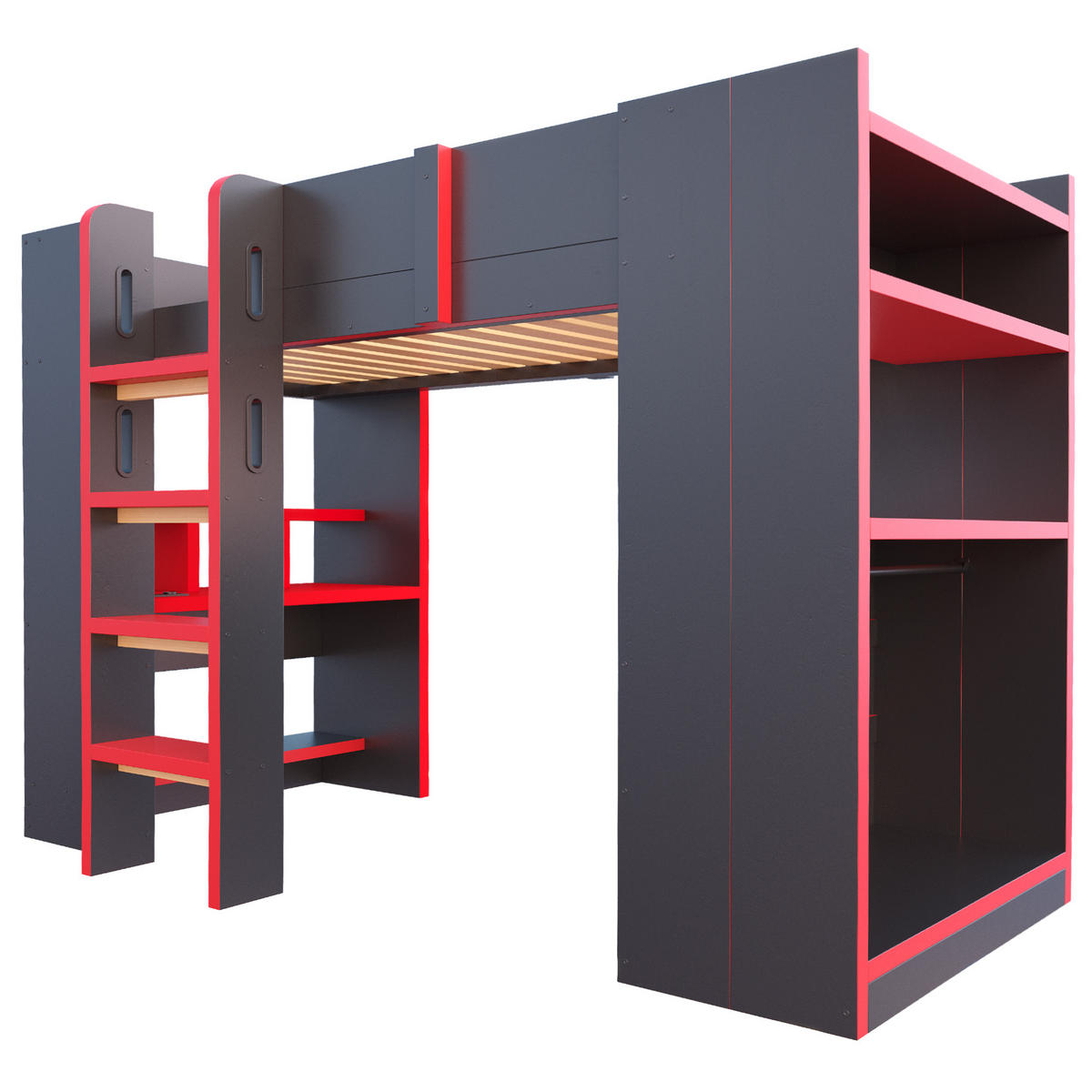 HOCHBETT 90/200 cm mit Schreibtisch, LED und Steckdose, DE-41602, in Schwarz/Rot - Schwarz, Holzwerkstoff (90/200cm) - ComfortXL