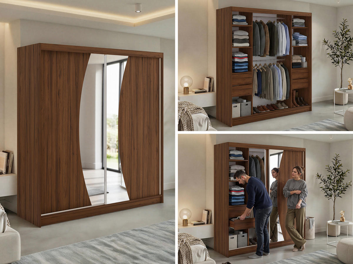 SCHWEBETÜRENSCHRANK mit Schubladen 200 - VERONA - Warmia Walnuss mit Spiegel - Walnussfarben/Alufarben, Holzwerkstoff/Metall (200/216/61cm) - MKS