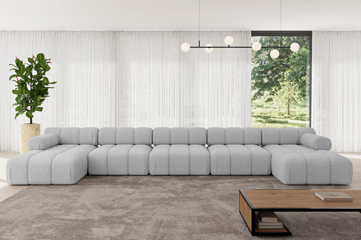 WOHNLANDSCHAFT modulares Sofa Tesso-U3 - 475x160x70 cm Hellgrau Bouclé - Hellgrau, Holzwerkstoff/Textil (475/70/160cm) - ALTDECOR