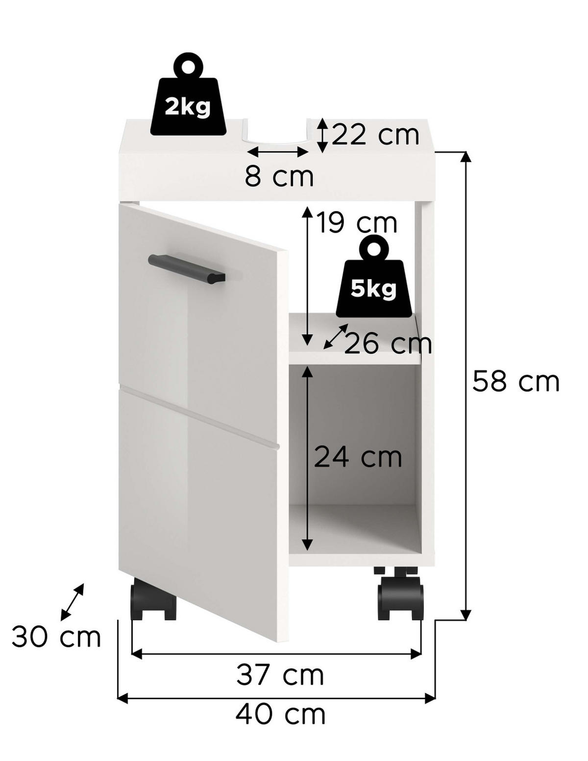 WASCHBECKENUNTERSCHRANK weiß Hochglanz 40 cm, Badezimmer Unterschrank auf Rollen - Weiß Hochglanz/Schwarz, Holzwerkstoff/Kunststoff (40/58/30cm) - Inn.Furn