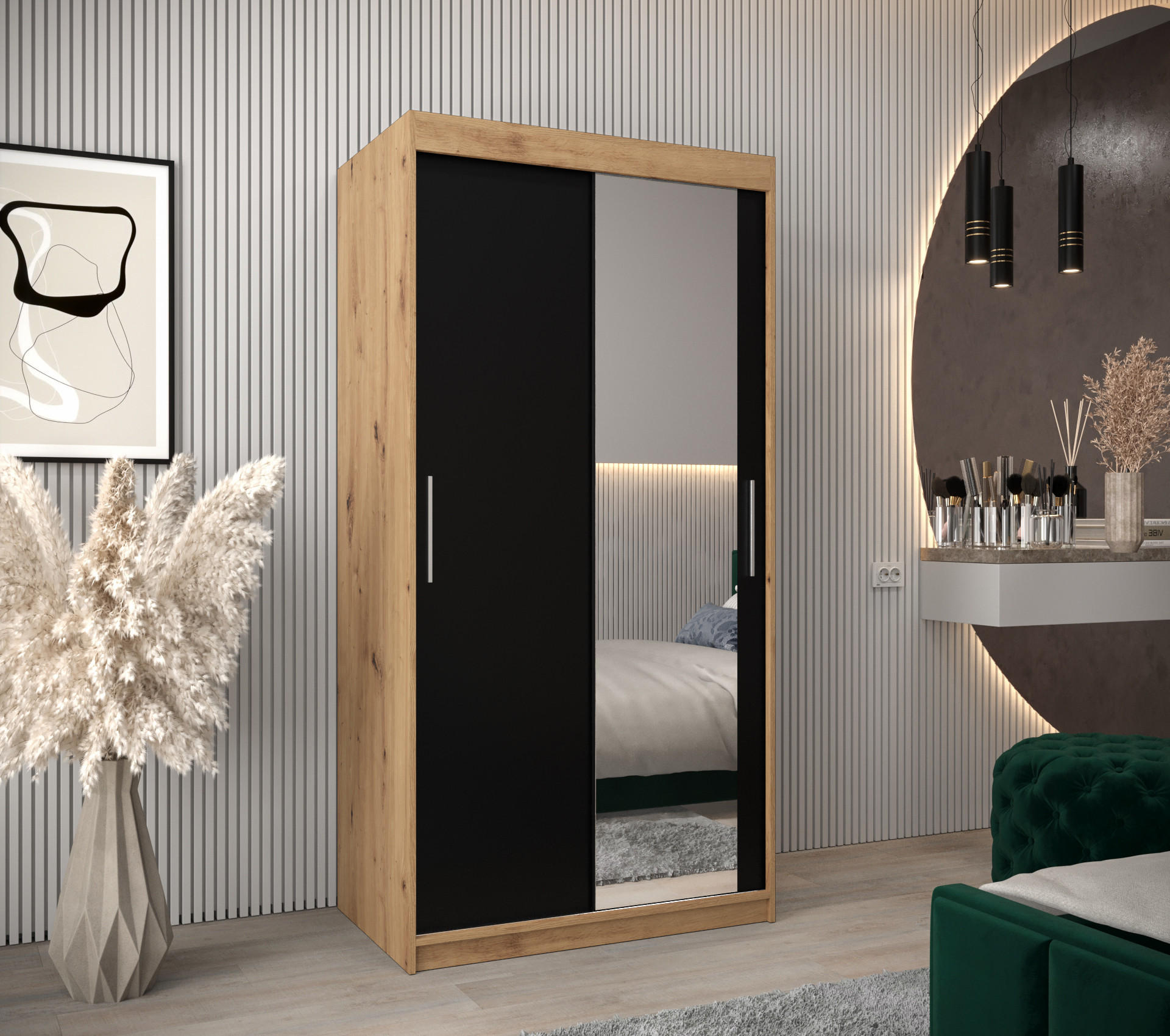 SCHWEBETÜRENSCHRANK 200/100/62 2-türig - Silberfarben/Schwarz, Holz/Kunststoff (100/200/62cm) - Abiks Möbel