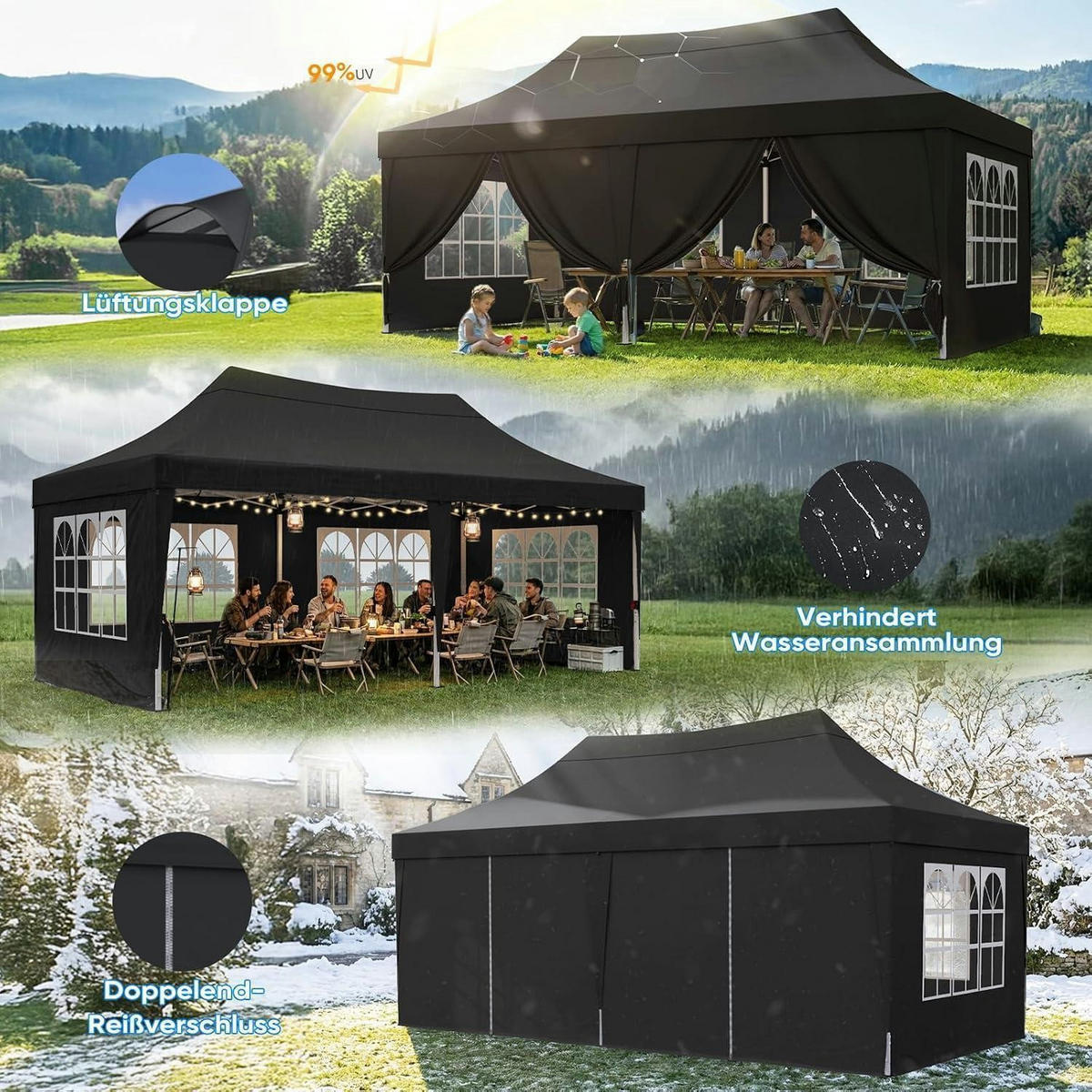 FALTPAVILLON 3x6m mit Seitenwänden wasserdicht UV-Schutz 50+ Stahlrahmen Schwarz - Schwarz, Metall (585/310/293cm)