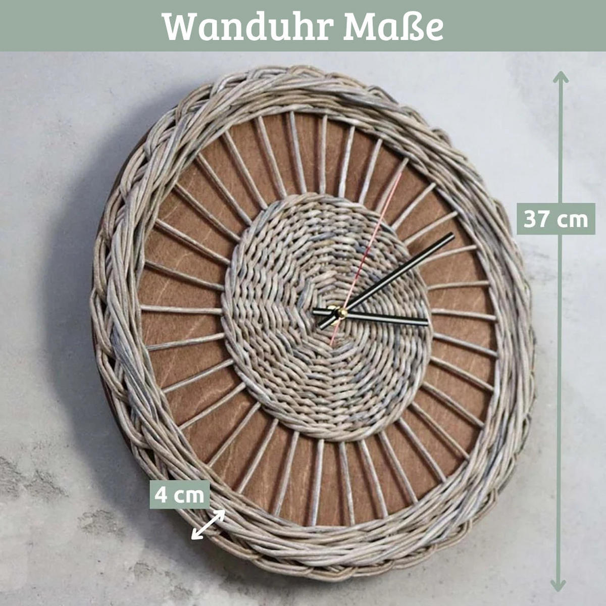 WANDUHR groß Holz RATTAN 37 cm ⌀ Massivholz Geräuschlos - Braun, Holz (37/37/4cm) - DELUKE