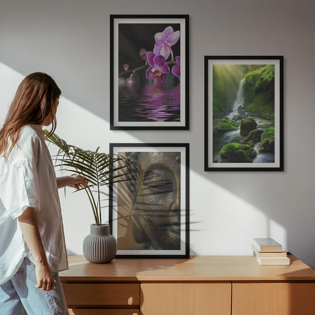 BILDER SET 3er Set - 40x60 cm Schwarzer Rahmen - Blumen, Wasserfall, Buddha-Felsen, Zen - Schwarz, Kunststoff (40/60cm) - TULUP