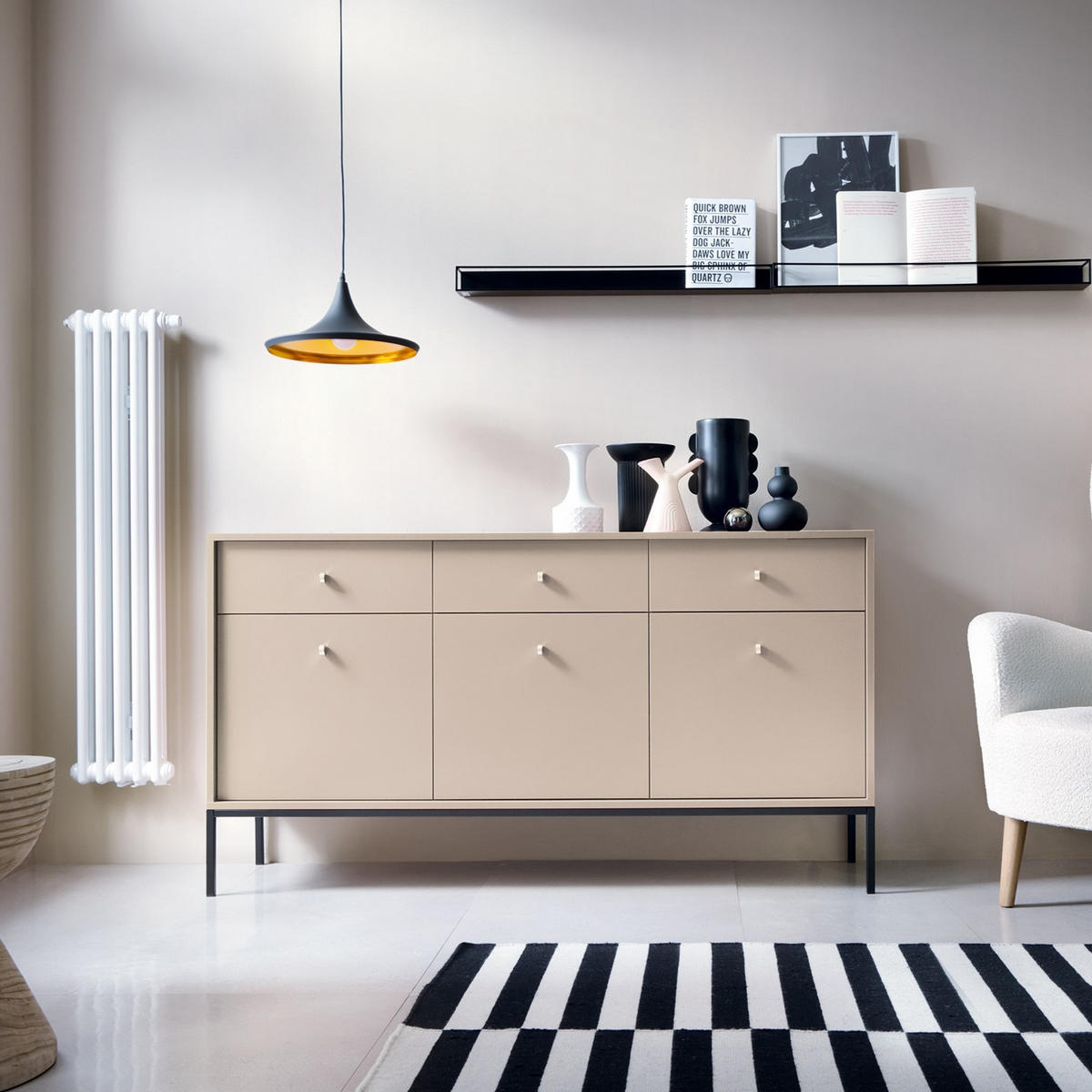 KOMMODE BARI K3D3SZ (Beige, Goldene Griffe, Schwarzes Gestell, Schubladen) - Beige/Goldfarben, Holz/Holzwerkstoff (153/83/39cm) - Ravio