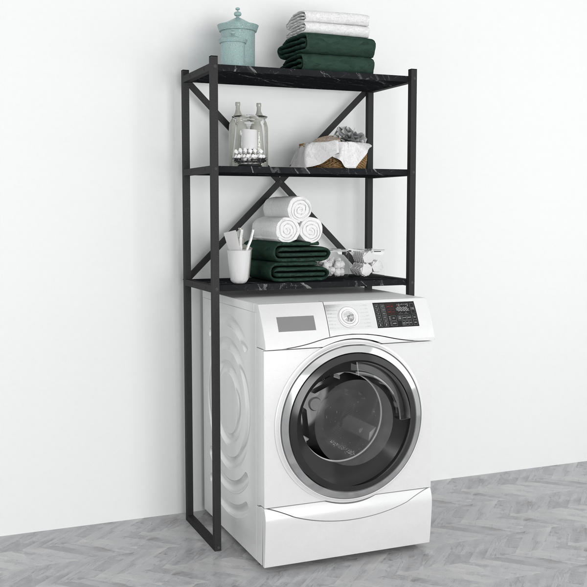 BADEZIMMERREGAL Askersund - Schwarz, Holzwerkstoff/Metall (66/160/34cm) - [en.casa]