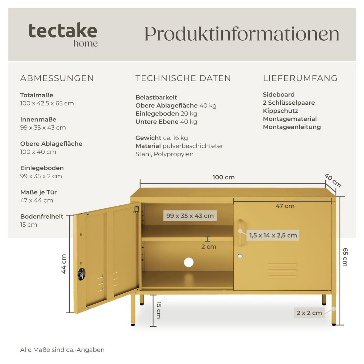 SIDEBOARD Baker, Kippschutz, höhenverstellbare Füße, gelb - Gelb, Metall (100/65/42.5cm) - tectake