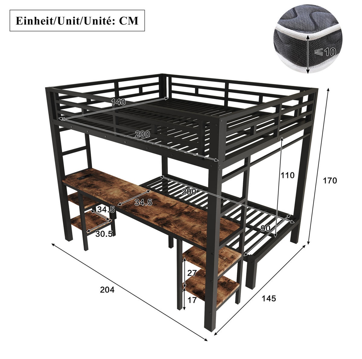 ETAGENBETT aus Metall 140x200/90x200 cm Schwarz/Vintage mit Schreibtisch, Kleiderstange und Ladestation - Schwarz, Metall (140/200cm) - Modfu