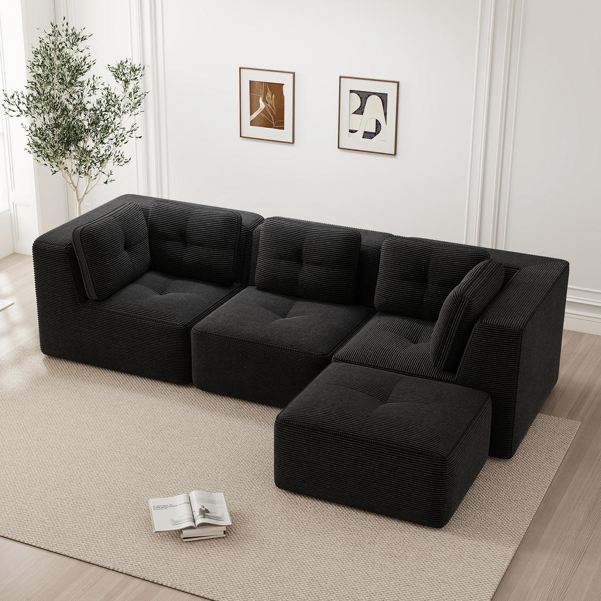 3-SITZER Sofa 297x177x69 cm aus Cordstoff rahmenlos modular mit Ottoman, schwarz - Schwarz, Textil (177/69/297cm)