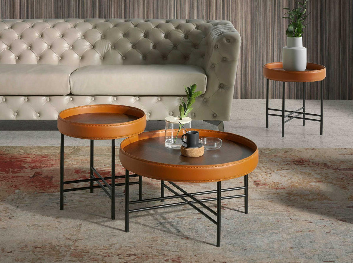 COUCHTISCH Runder Couchtisch aus Kunstleder, Nussbaum und schwarzem Stahl Ø62/35 cm - Nussbaumfarben/Schwarz, Metall (62/62/35cm) - ANGEL CERDA