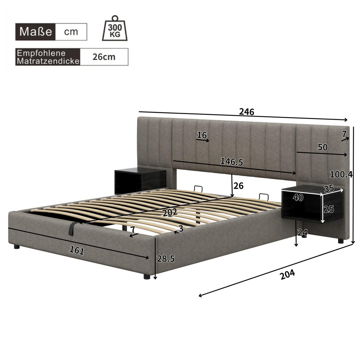 POLSTERBETT 160/200 cm grau aus Leinen mit Hydraulik-Stauraum und 2 Nachttischen - Grau, Textil (160/200cm) - OKWISH