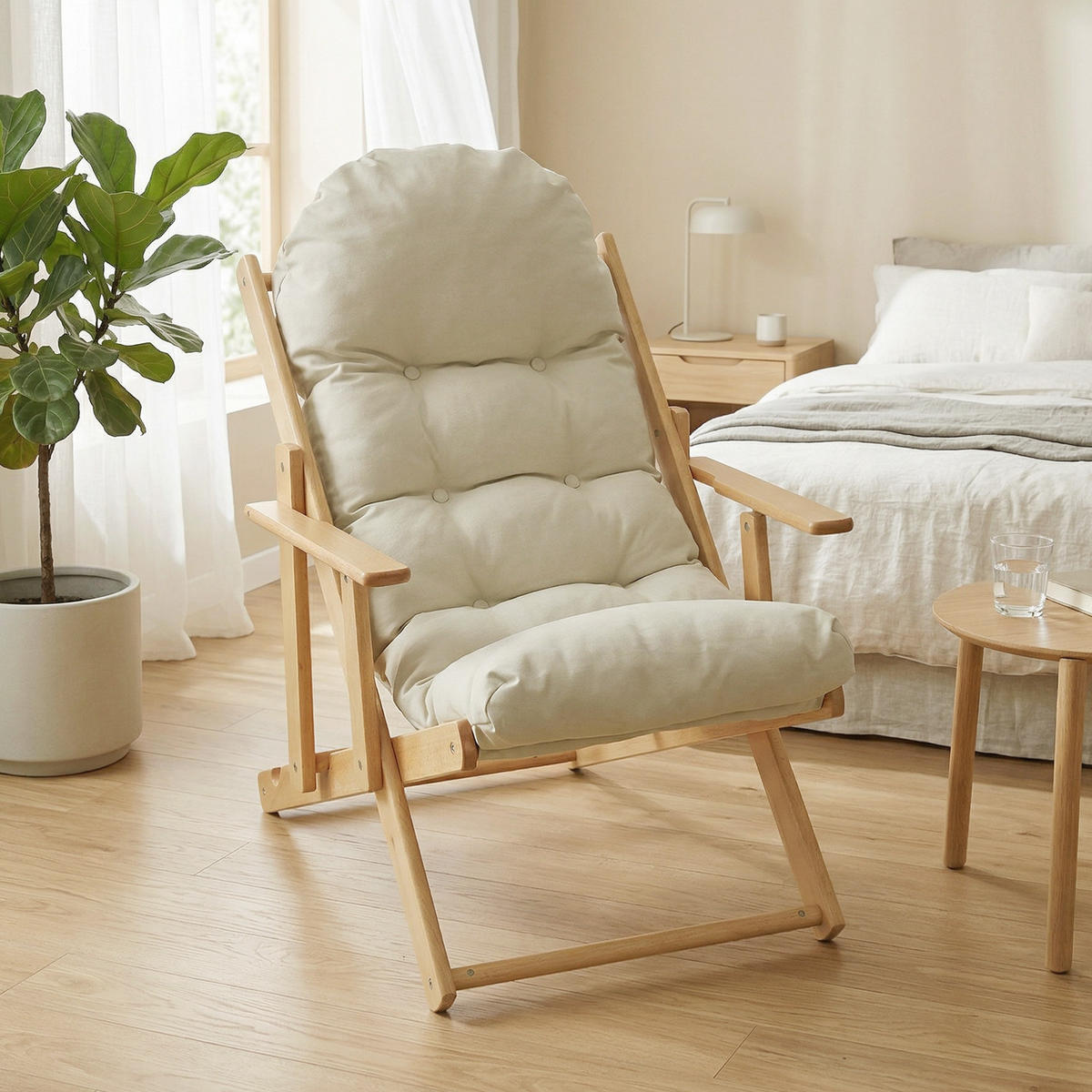 GARTENKLAPPSESSEL DE-13360 3-fach verstellbar & dickes Polster - Creme, Holz (89/96/71cm) - ComfortXL