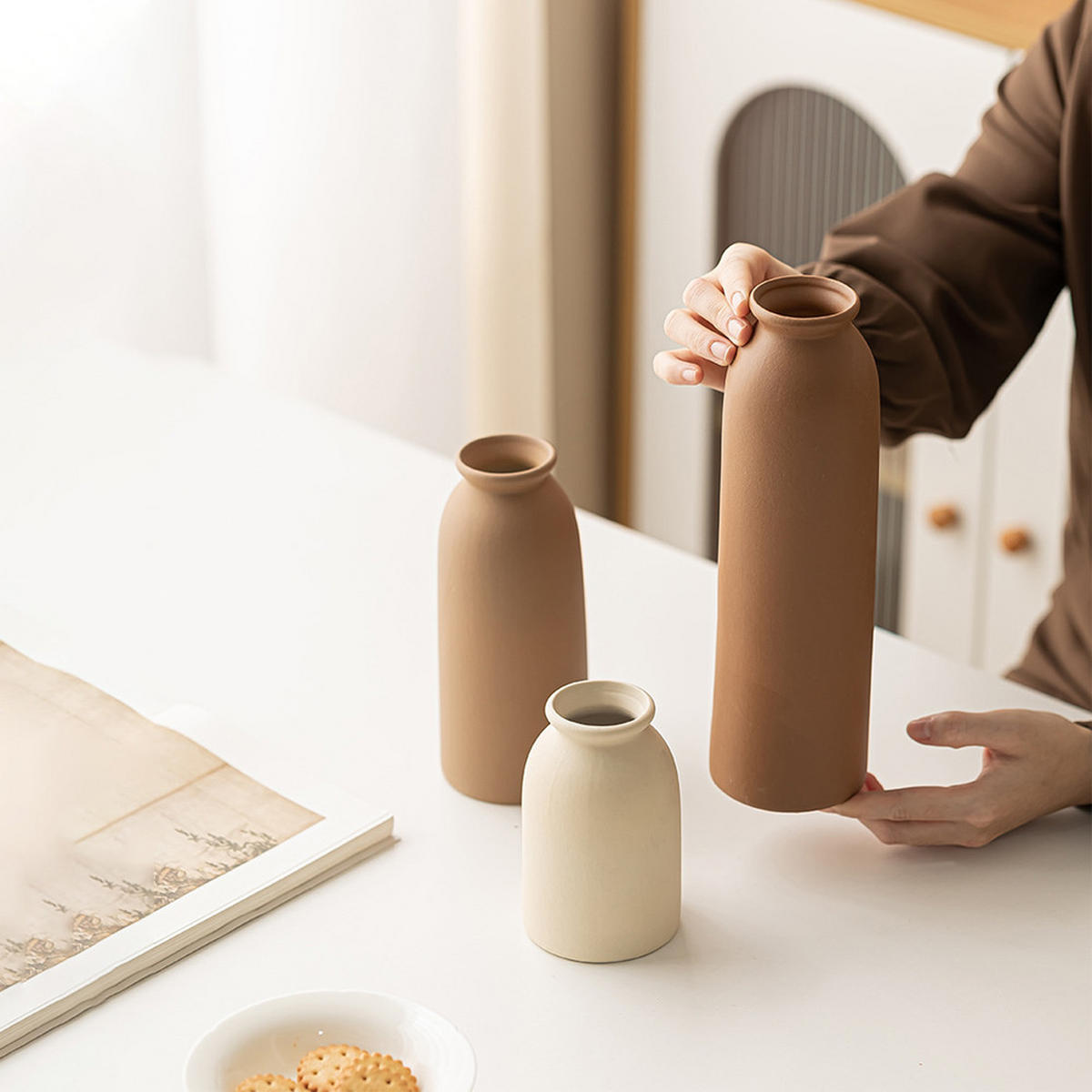 VASE Keramikvasen, Landhausstil, dreiteiliges Set - Weiß, Keramik (26.6cm) - LIBRATON