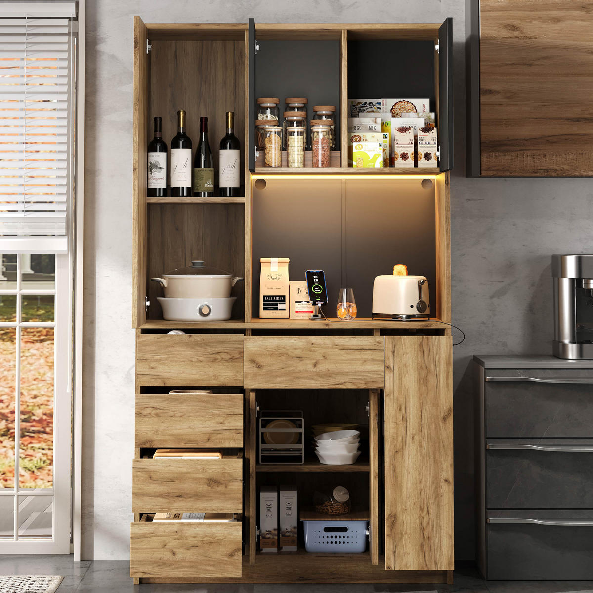 BUFFETSCHRANK schwarz-natur aus MDF mit App-Farbwechsel-LED und integrierter Steckdosenleiste 105 × 40 × 185 cm - Naturfarben, Holzwerkstoff (105/185/40cm) - Luhomfu