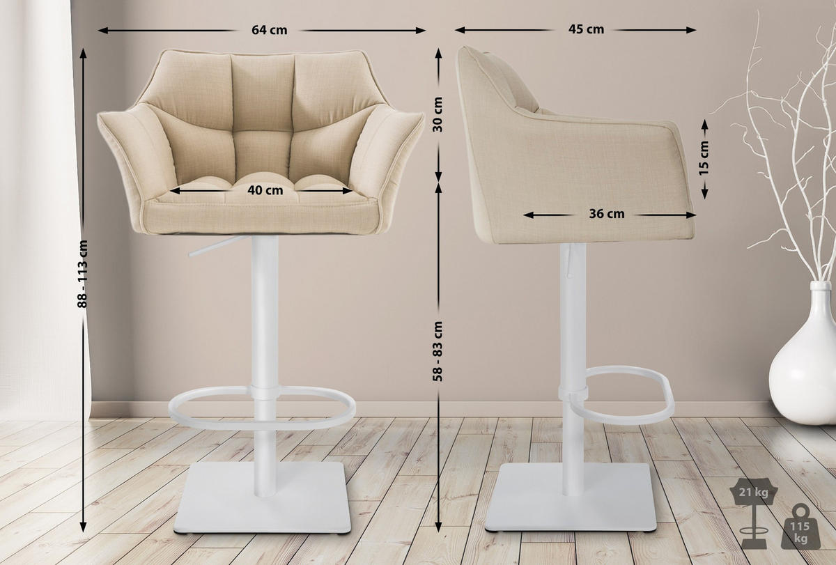 BARHOCKER 2er Set Stoff Creme - Creme/Weiß, Textil/Metall (64/88/45cm) - CLP