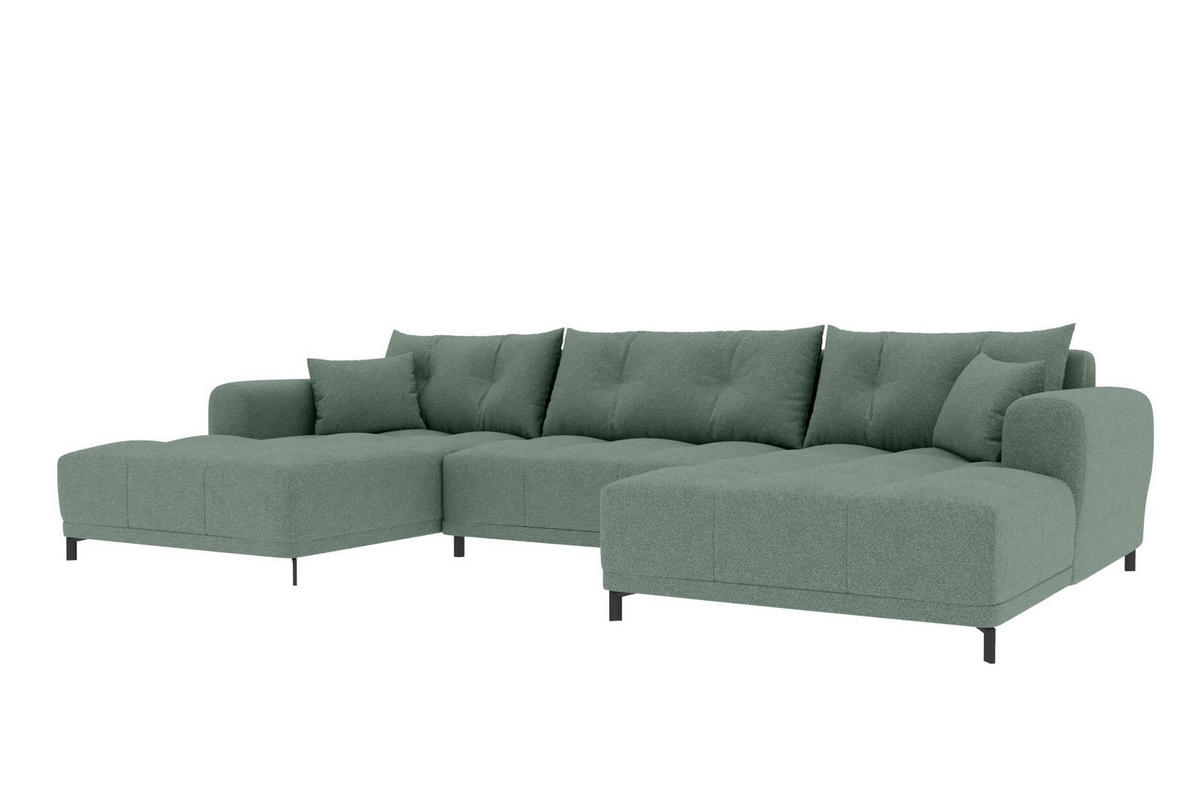 WOHNLANDSCHAFT Strukturstoff Salbeigrün inkl. Schlaffunktion - Salbeigrün/Schwarz, Textil/Metall (348/94/181cm) - 99rooms