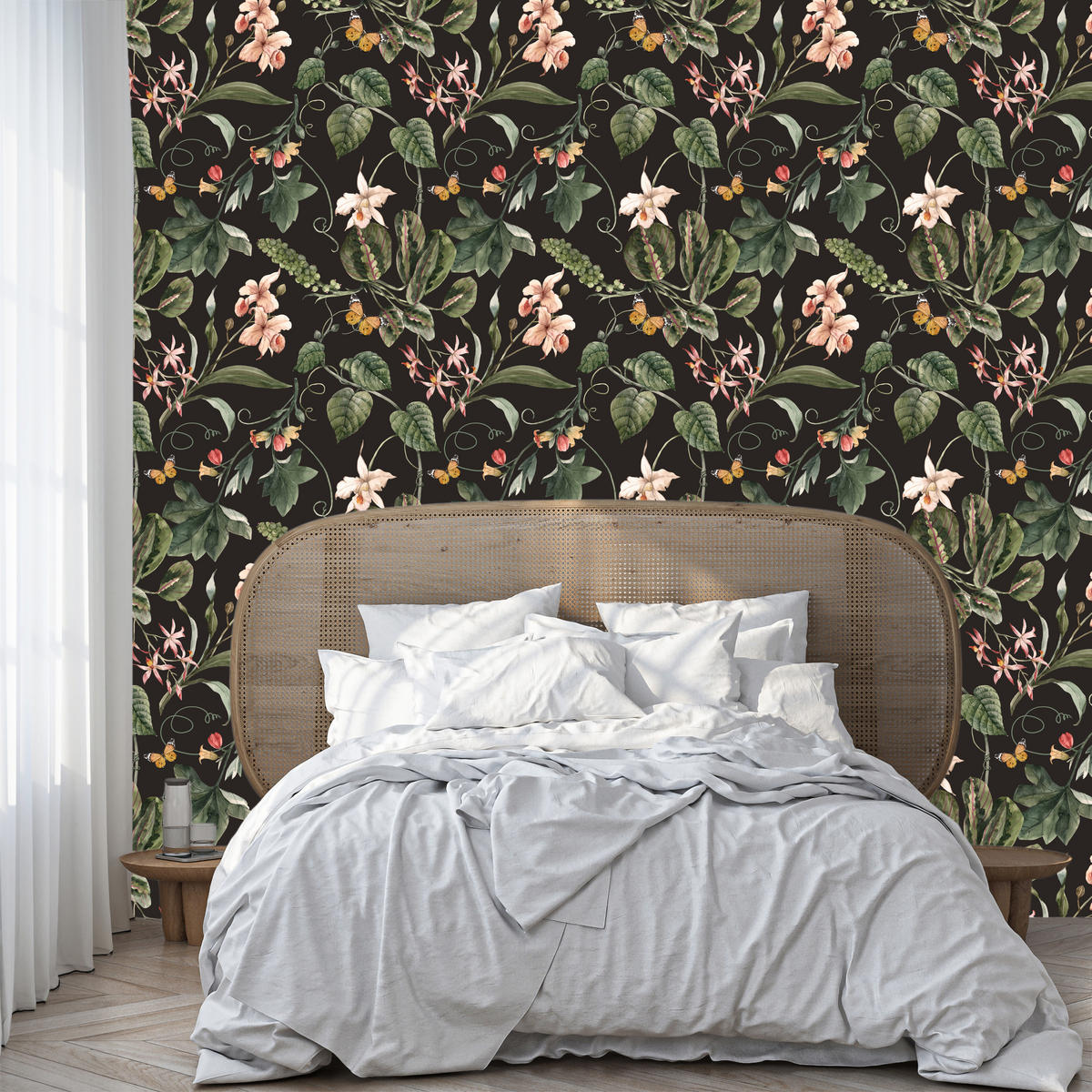 VLIESTAPETE Exotische Blüten und Pflanzen – Rosa, Grün, Schwarz – 50x1000 cm - Schwarz/Rosa, Papier (50/1000cm) - Muralo