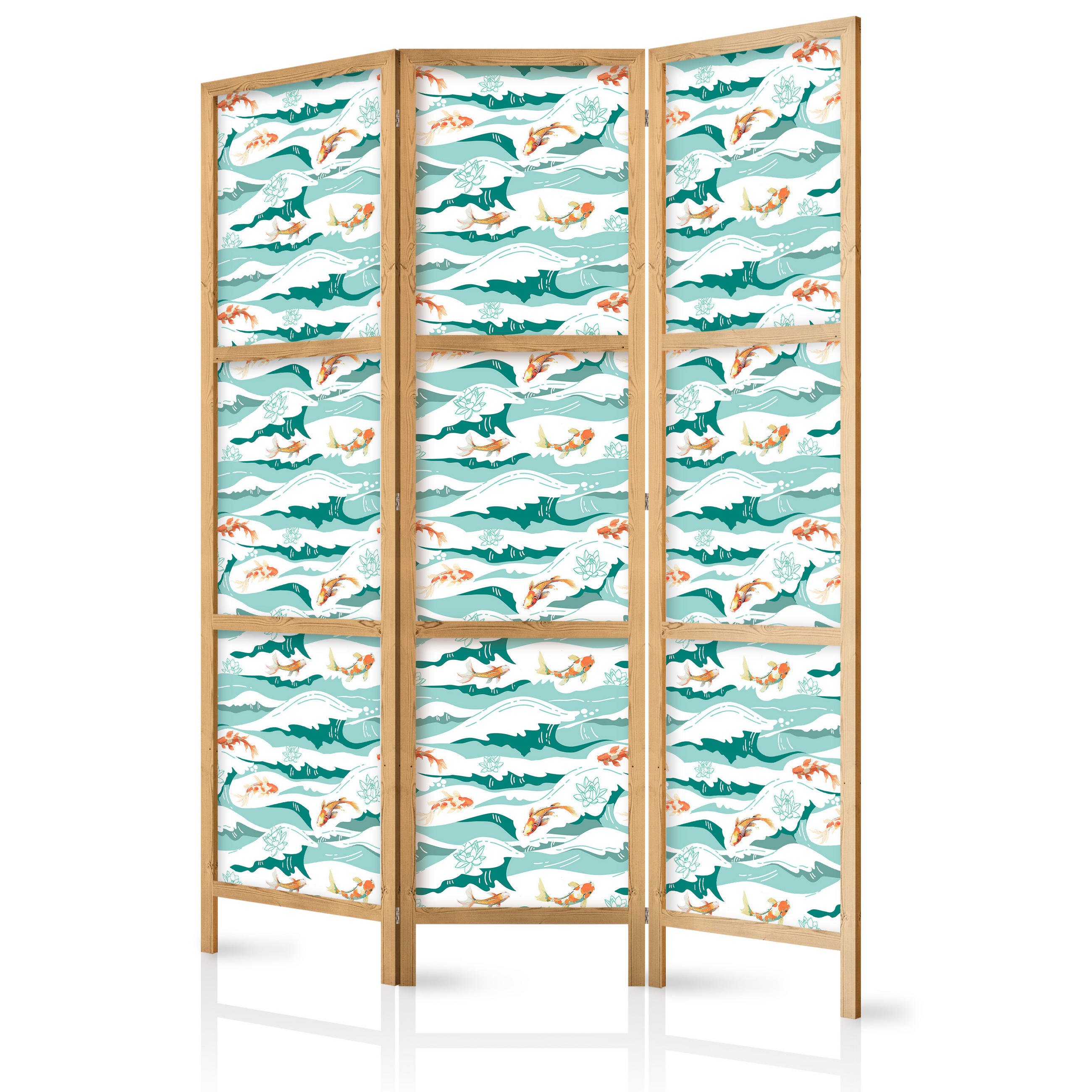 PARAVENT Japanischer 3-tlg 135x172 cm Fische Blumen Meereswellen - Blau, Holz/Textil (135/172/3cm) - Muralo