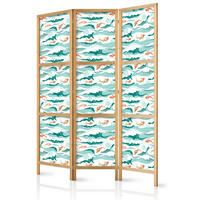 PARAVENT Japanischer 3-tlg 135x172 cm Fische Blumen Meereswellen - Blau, Holz/Textil (135/172/3cm) - Muralo