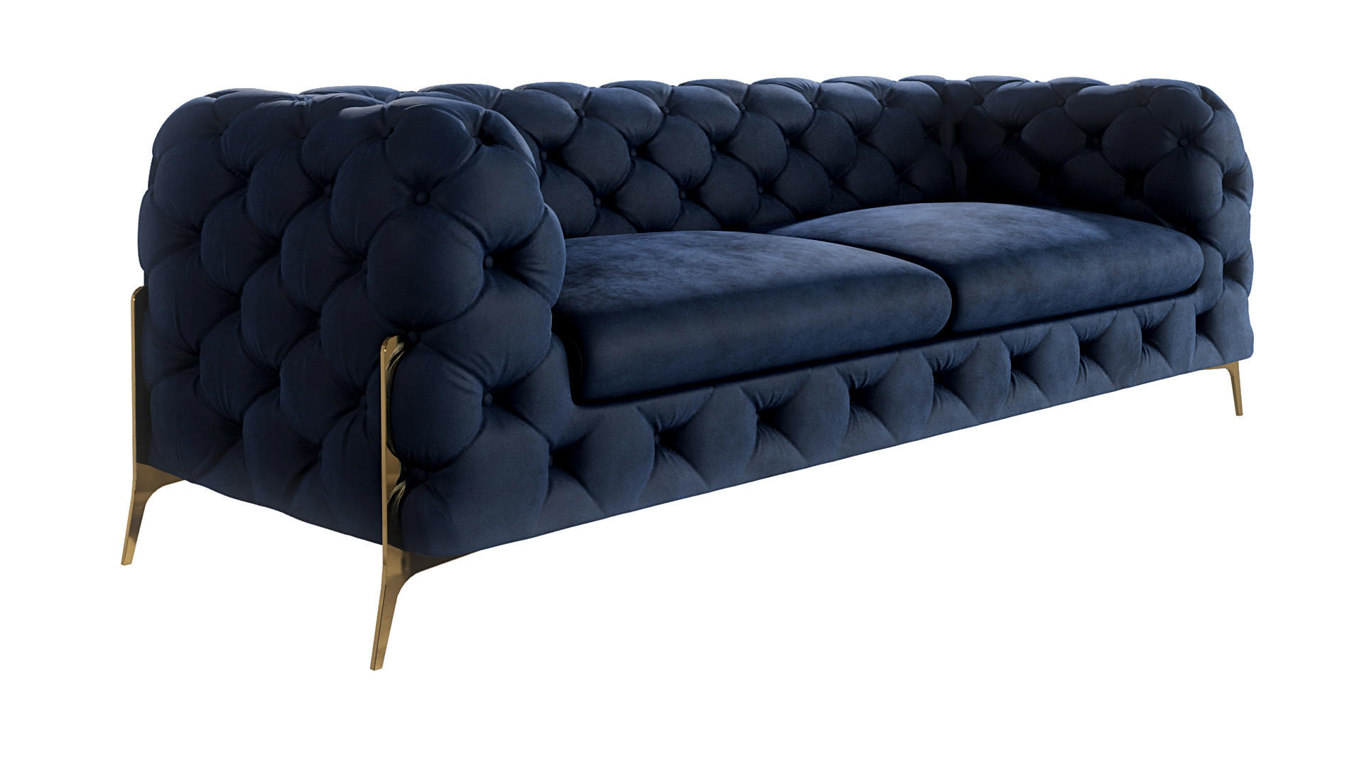 S-Style CHESTERFIELD TŘÍMÍSTNÁ POHOVKA Lexi z tmavě modrého sametu se zlatými nohami
