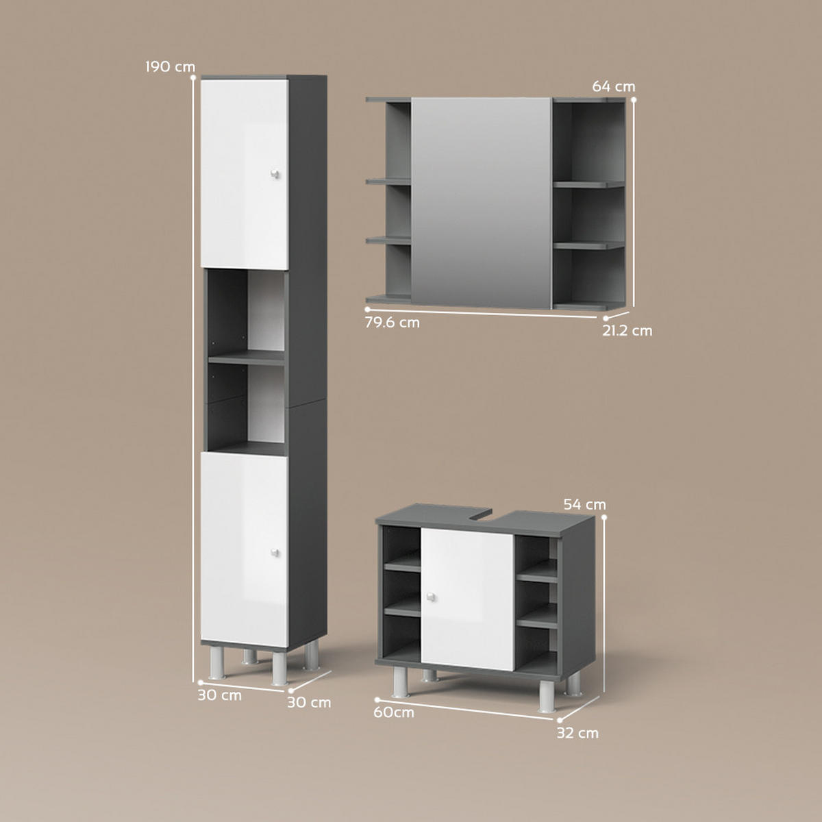 BADMÖBEL-SET Fucino Anthrazit 3 Teile, mit Hochschrank - Weiß Hochglanz/Anthrazit, Holzwerkstoff (80/64/21cm) - Livinity®