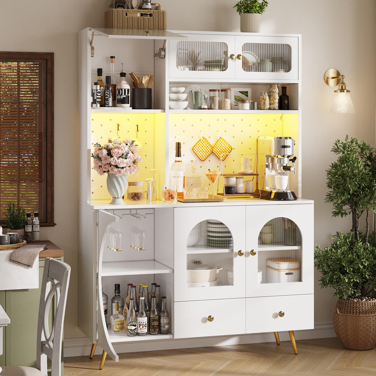 GESCHIRRSCHRANK aus MDF & Glas 120x40x176cm in Weiß mit LED & Steckdose - Weiß, Holzwerkstoff (120/176/40cm) - Modfu