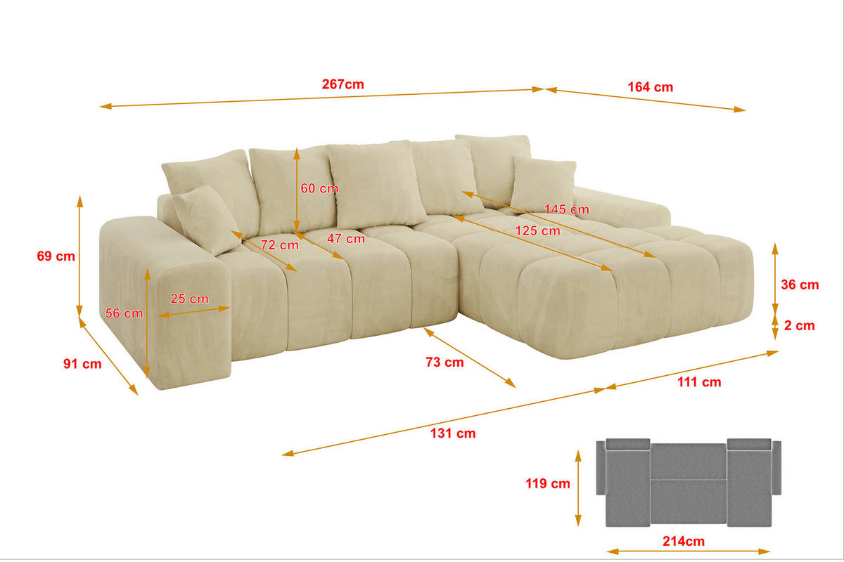 ECKSOFA Ottomane Rechts ENSI-L - 267x164x69 cm Taupe - Taupe, Holzwerkstoff/Kunststoff (164/267cm) - ALTDECOR
