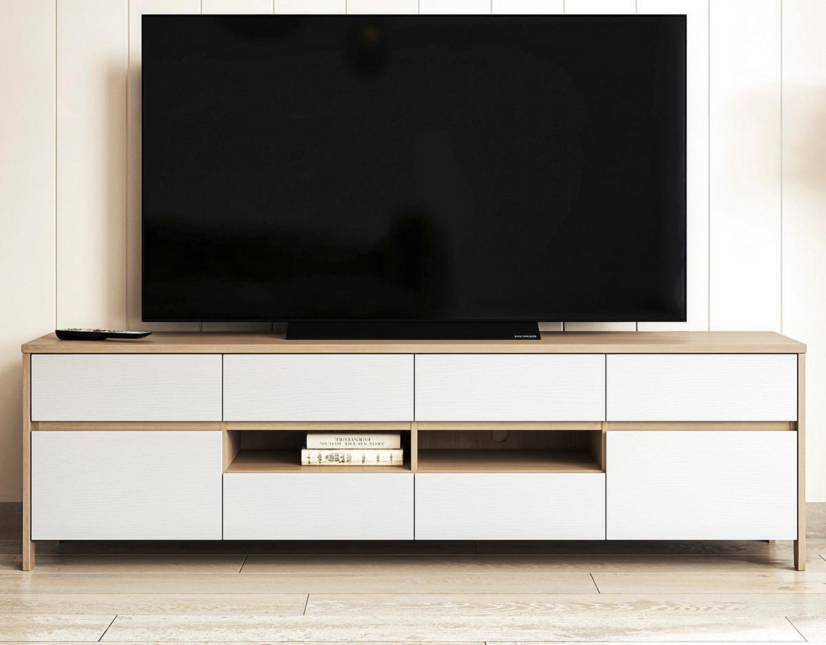 TV-LOWBOARD weiß, Eiche, TV Unterteil skandinavisch 193 cm, Soft-Close, Finnes - Eichefarben/Weiß, Holzwerkstoff/Metall (193/58/39cm) - Furn.Design